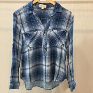 Cloth & Stone Anthropologie Size S Button Down Gauze Blue Plaid 100% Cotton